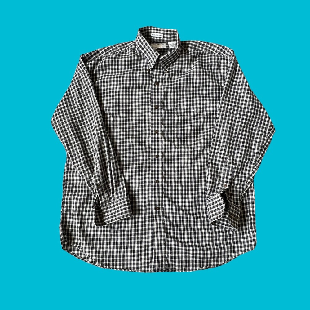 Savane Deep Dye Button Shirt Black Mini Plaid No Wrinkles Men Size Large
